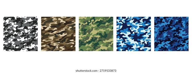 Conjunto de 5 Camuflagem sem emenda padrões vetor. Coleção de Texturas do Exército Militar. Inclui Urban Gray, Woodland Green, Autumn Brown, Marine e Navy Blue Backgrounds.