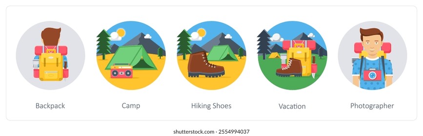 A set of 5 camping icons as backpack, camp, hiking shoes
