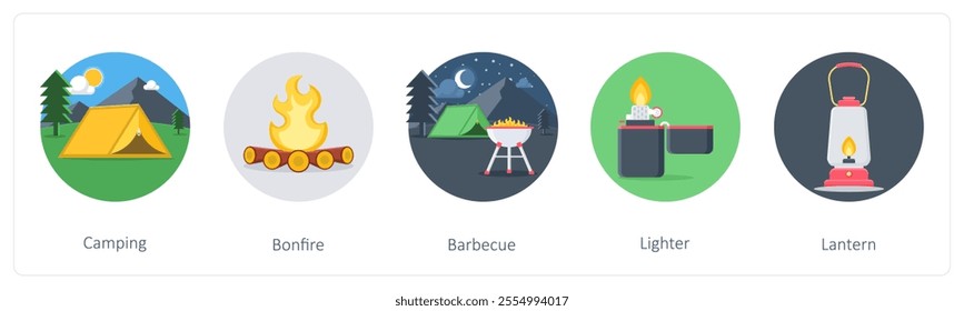 A set of 5 camping icons as camping, bonfire, barbecue