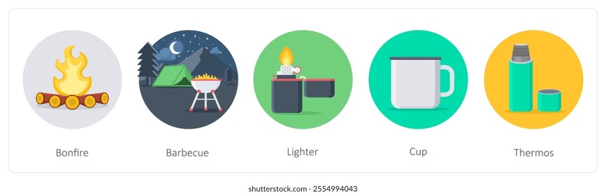 A set of 5 camping icons as bonfire, barbecue, lighter