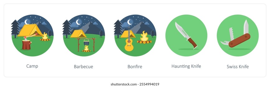 A set of 5 camping icons as camp, barbecue, bonfire