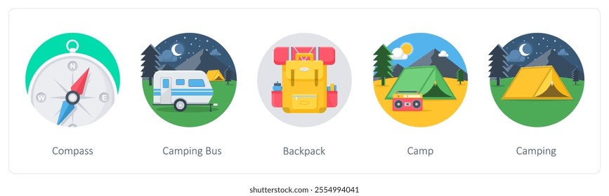 A set of 5 camping icons as compass, camping bus, backpack