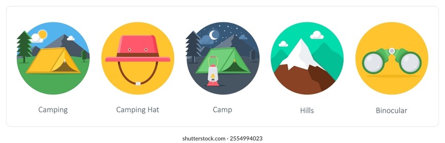 A set of 5 camping icons as camping, camping hat, camp