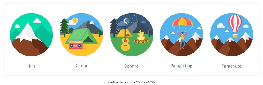 A set of 5 camping icons as hills, camp, bonfire