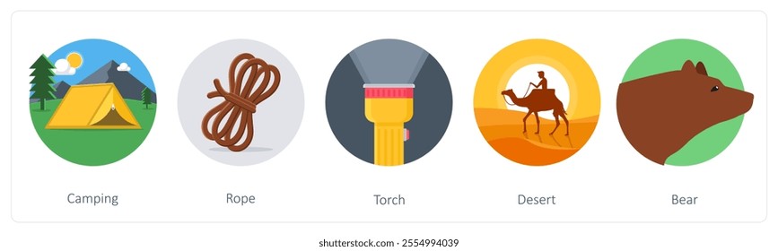 A set of 5 camping icons as camping, rope, torch