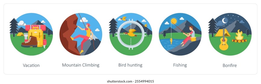 A set of 5 camping icons as vacation, mountain climbing, bird hunting