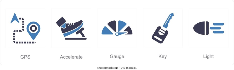 Un conjunto de 5 iconos de coches como gps, acelerar, indicador