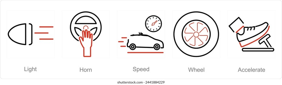 A set of 5 Car icons as light, horn, speed
