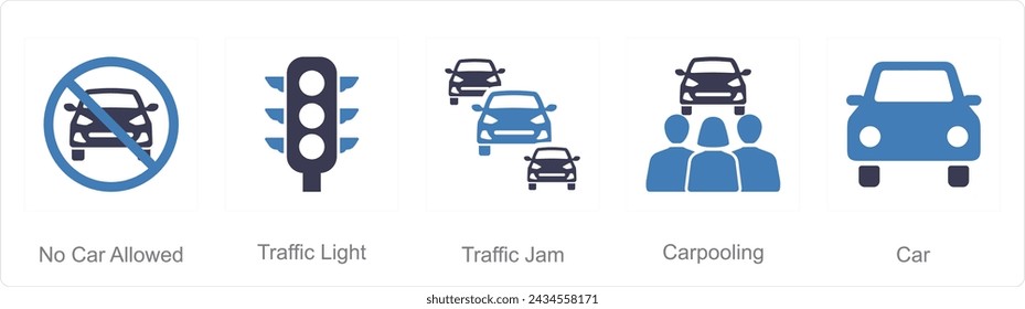 A set of 5 Car icons as no car allowed, traffic light, traffic jam