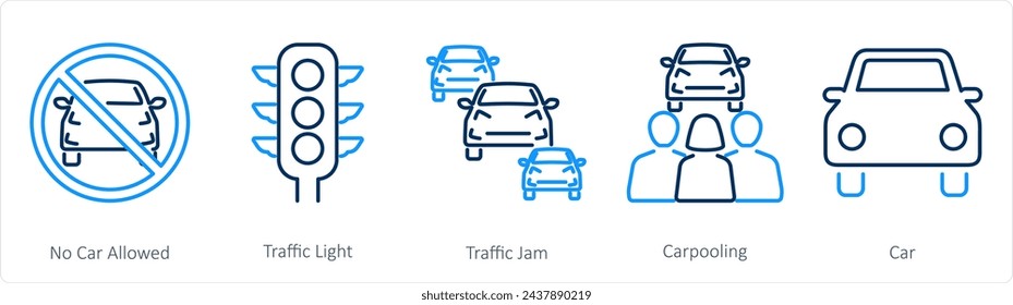 A set of 5 Car icons as no car allowed, traffic light, traffic jam