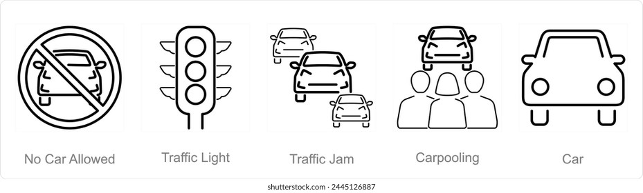 A set of 5 Car icons as no car allowed, traffic light, traffic jam