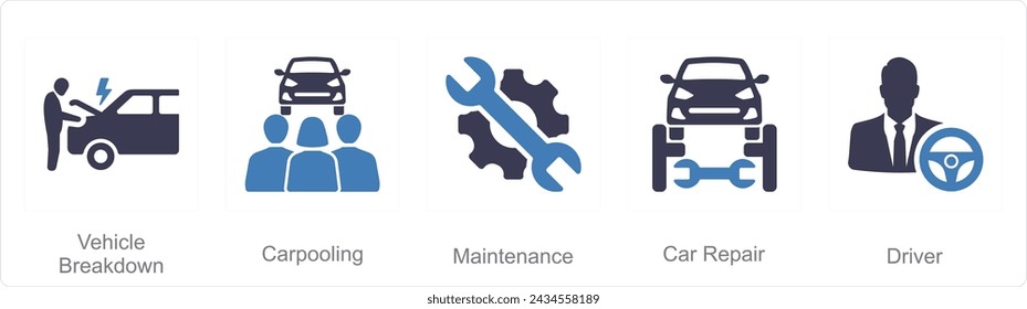 A set of 5 Car icons as vehicle breakdown, carpooling, maintenance