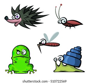 Set of 5 cartoon animals (frog, hedgehog, snail, beetle, mosquito)