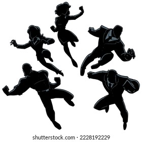 Set of 5 cartoon business people or office workers, in business suits and in superhero poses.