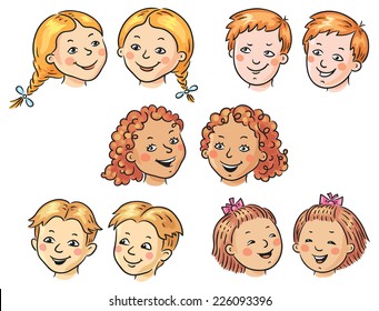 Set of 5 cartoon kids faces, front view and half-turned