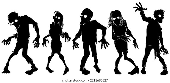 Set von 5 Cartoon Zombie-Silhouetten einzeln auf weißem Hintergrund.