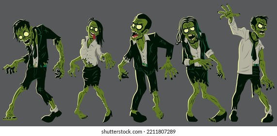 Set of 5 cartoon zombies in business suits, isolated on grey background.
