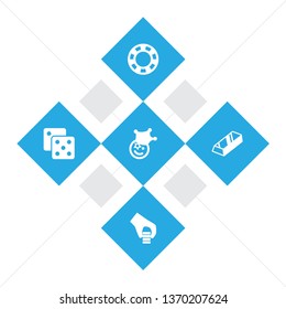 Set of 5 casino icons set. Collection of gold bar, chip, dice and other elements.