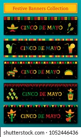 Set of 5 celebration cinco de mayo web banner. Horizontal vector illustration with pinata and taco, sombrero and maracas, tequila bottle, cocktails and mariachi band for party on cinco de mayo