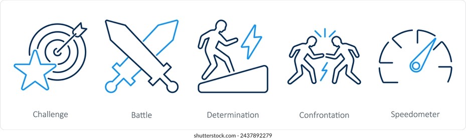 A set of 5 Challenge icons as challenge, battle, determination