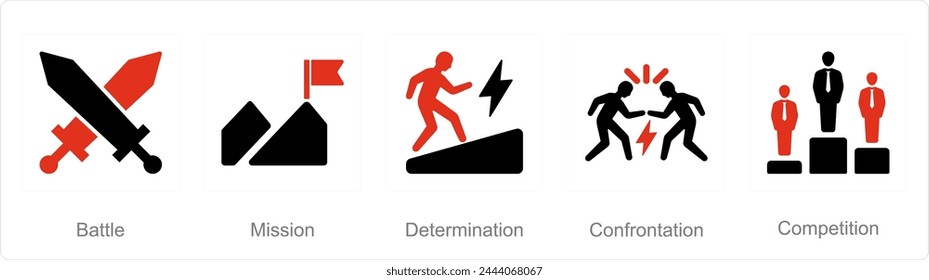 A set of 5 Challenge icons as battle, mission, determination