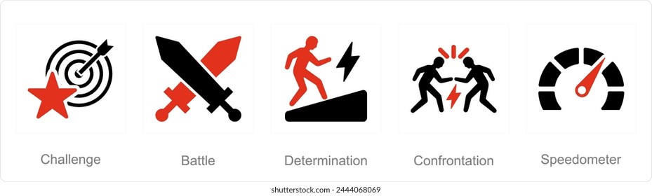 A set of 5 Challenge icons as challenge, battle, determination