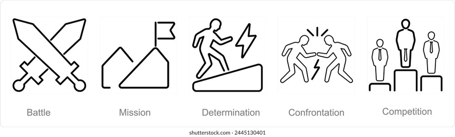 Un conjunto de 5 iconos de desafío como batalla, misión, determinación