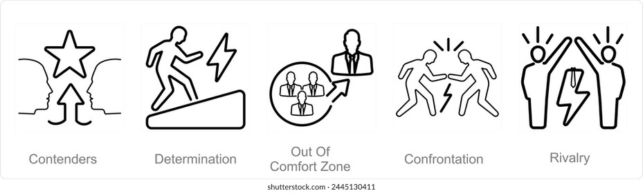 A set of 5 Challenge icons as contenders, determination, out of comfort zone