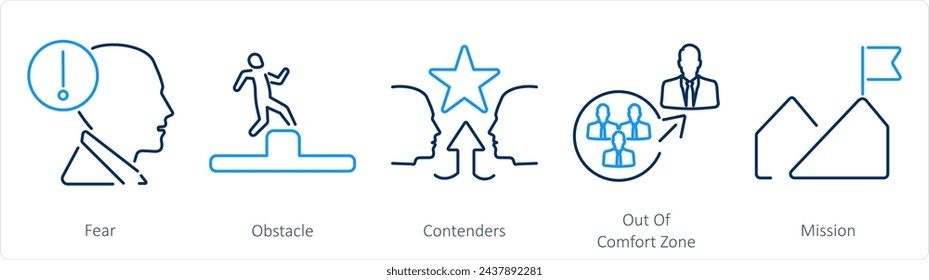 A set of 5 Challenge icons as fear, obstacle, contenders