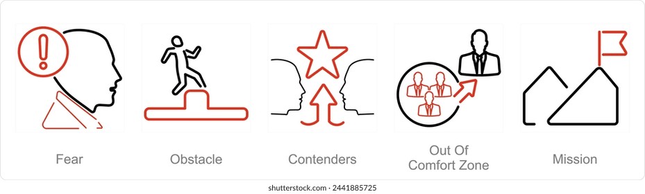 Un conjunto de 5 iconos de desafío como miedo, obstáculo, contendientes