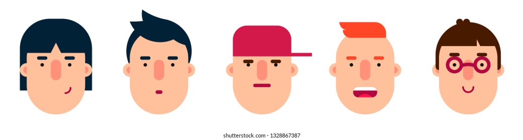 Set of 5 characters in flat style. Avatars icons. Funny bright vector illustrations. - Vector
