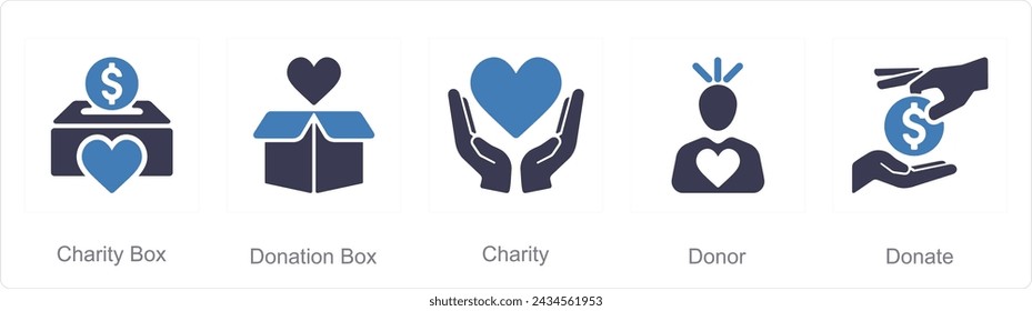 A set of 5 Charity and donation icons as charity box, donation box, charity
