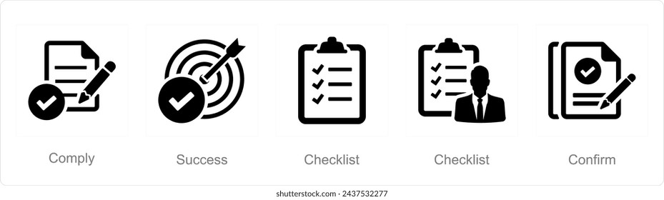 A set of 5 Checkmark icons as comply, success, checklist