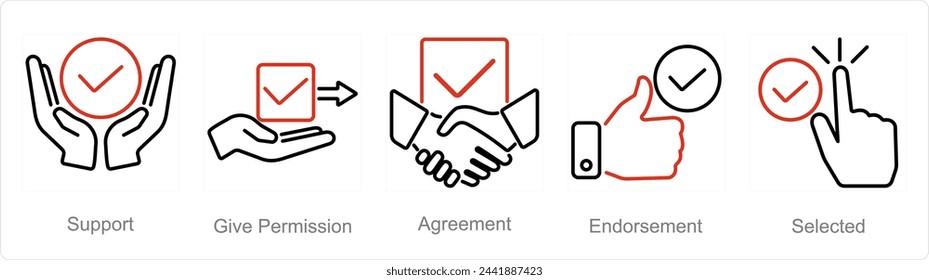 Un conjunto de 5 iconos de marca de verificación como soporte, dar permiso, acuerdo