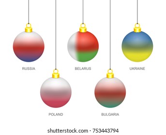 Set of 5 Christmas balls painted in the colors of different national flags. Russia, Poland, Belarus, Bulgaria and Ukrain. Vector illustration, isolated on white