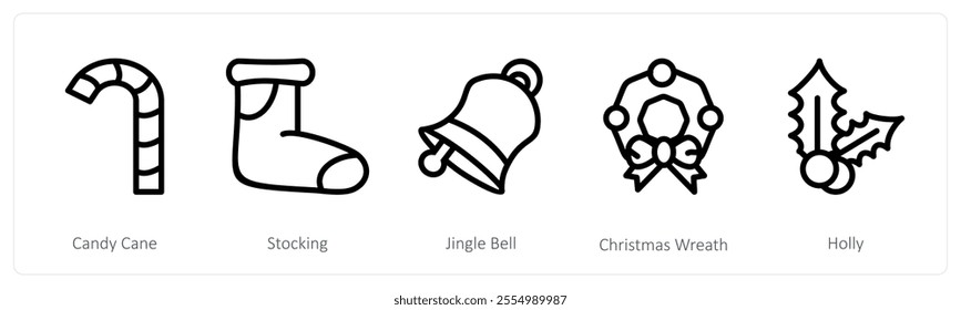 A set of 5 christmas icons as candy cane, stocking, jingle bell