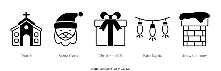 A set of 5 Christmas icons as church, santa claus, christmas gift