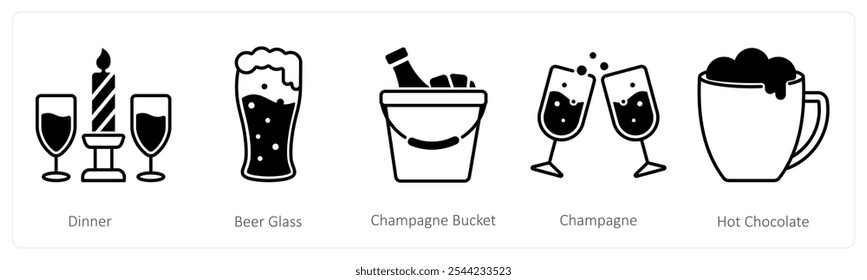 A set of 5 Christmas icons as dinner, beer glass, champagne bucket