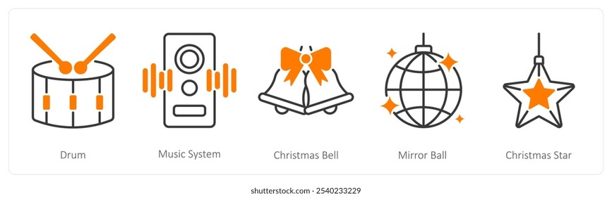 A set of 5 Christmas icons as drum, music system, christmas bell