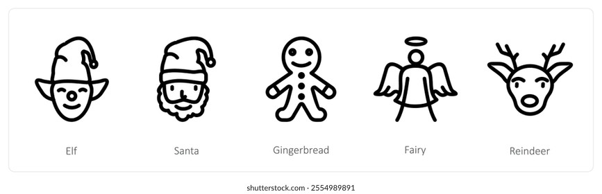 A set of 5 christmas icons as elf, santa, gingerbread