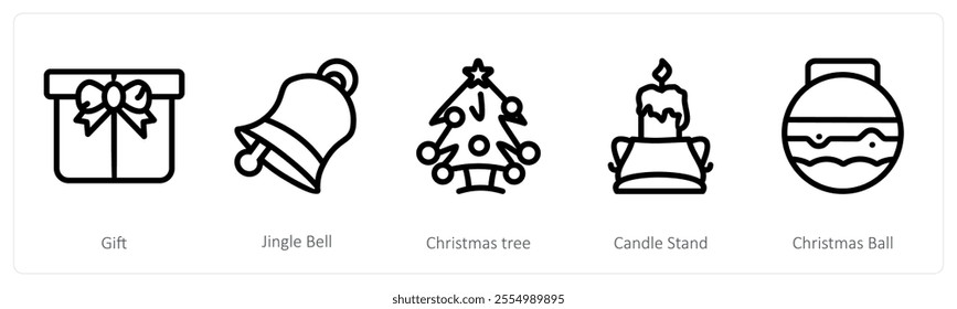 A set of 5 christmas icons as gift, jingle bell, christmas tree