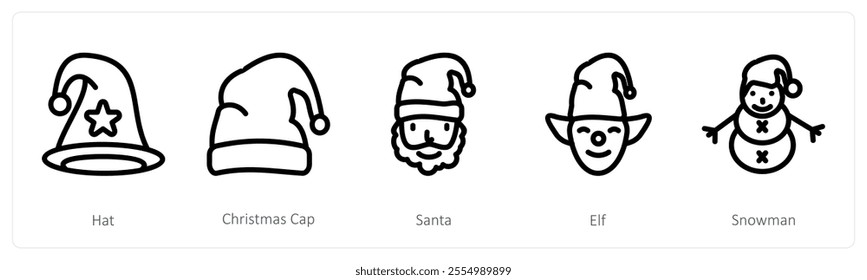 A set of 5 christmas icons as hat, christmas cap, santa