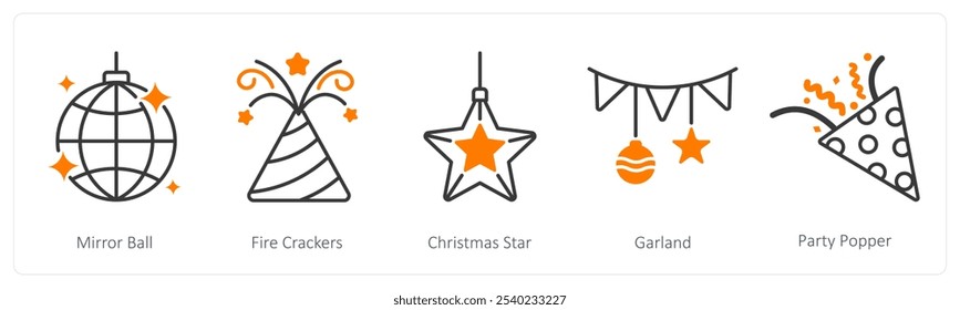 Un conjunto de 5 iconos de Navidades como bola de espejo, galletas de fuego, estrella de Navidad