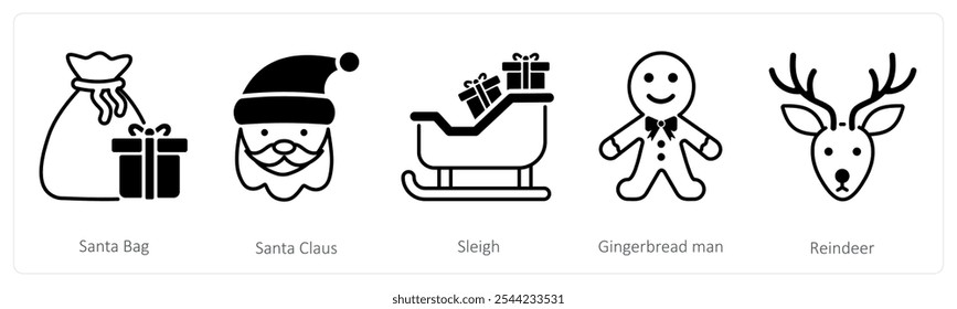 Un conjunto de 5 iconos de Navidades como bolso de santa, santa claus, trineo