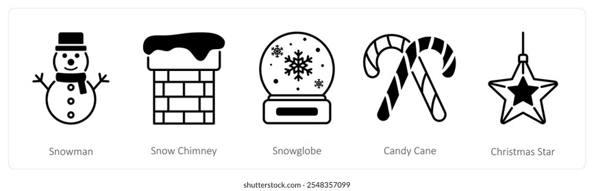 A set of 5 Christmas icons as snowman, snow chimney, snowglobe