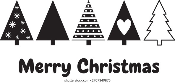 Set of 5 Christmas Tree Icons with Merry Christmas Text: Holiday Graphics, Pine Tree Vector Bundle