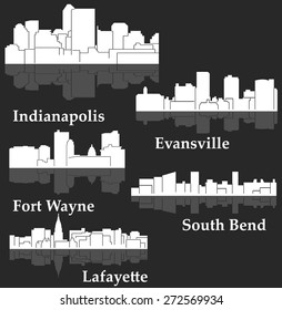 Set of 5 City silhouette in Indiana (Indianapolis, South Bend, Lafayette, Fort Wayne, Evansville)