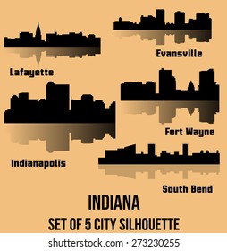 Set of 5 City silhouette in Indiana (Indianapolis, South Bend, Lafayette, Fort Wayne, Evansville)