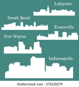 Set of 5 City silhouette in Indiana (Indianapolis, South Bend, Lafayette, Fort Wayne, Evansville)