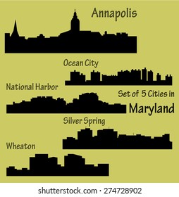 Set of 5 city silhouette in Maryland (Annapolis, Ocean City, National Harbor, Silver Spring, Wheaton)